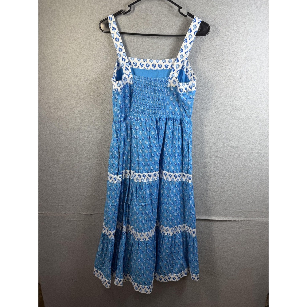 J.Crew Dress Womens 6 Blue Floral Smocked Sleeveless Midi Boho Sundress Cotton